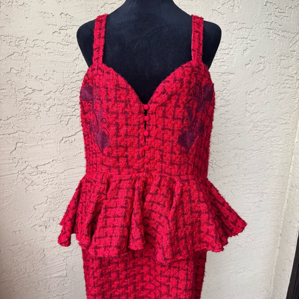 Fanm Mon Gulia Peplum Red Tweed Midi Dress XL - Picture 4 of 13